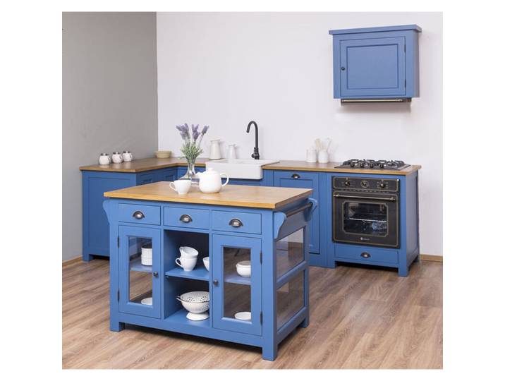 Blaue Landhausküche mit Kücheninsel L-Form