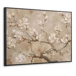LEINWAND Bilder mit Rahmen - Blumen - Modern - Beige - Weiß - Blüte - 100x70