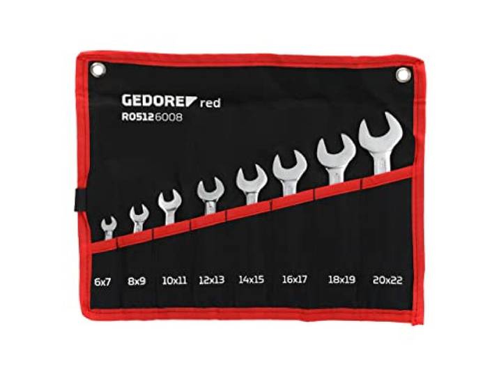GEDORE red Assortiment de clés à fourche double\, 8 pièces\, Tailles de 6 à 22 mm\, Métriques\, Courtes\, Jeu de clés avec pochette à dérouler\, R05126008