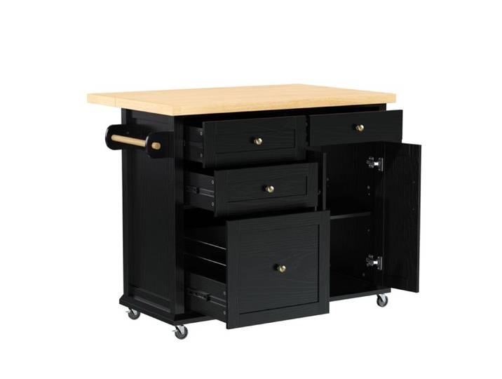 Îlot central de cuisine extensible avec roulettes – Noir et naturel – MDF
