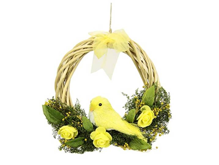 Flair Flower Osterkranz Vogel Blüten Schleife Dekoration Kranz Girlande Künstliche Ostertür Osterdeko Frühlingsdeko Frühling Tür Türdeko Eingangsbereich Blume Wand Fenster, 090274G, Gelb, 20x20x5 cm