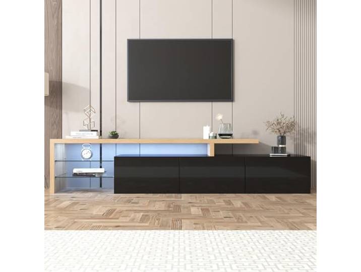 FAVSH Sideboard Wohnzimmer TV - 198 cm Moderner TV Schrank, Praktischer Stauraum, Hochglanzweiß, Holzoptik, Glasböden, TV Schrank with Led für Wohnzimmer und Esszimmer (Schwarz und Holzfarbe)
