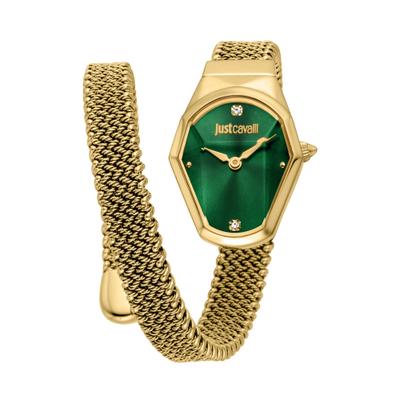 Quarzuhr JUST CAVALLI TIME "Signature Snake", gold (goldfarben, dunkelgrün), Armbanduhren, Damen, goldfarben, Quarzuhr, Armbanduhr, Edelstahlarmband, analog, Kristallsteine