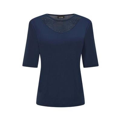 Kurzarmshirt GOLDNER "Elegantes Halbarmoberteil mit Mesh", Damen, Gr. 38, blau (marine), Obermaterial: 95% Polyester PES. 5% Elasthan EL., U-Boot-Ausschnitt, Shirts, glänzende Optik