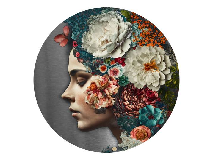 Tableau verre Flowers On Her Head rond Verre flotté Blanc/Gris/Rouge Ø 50cm