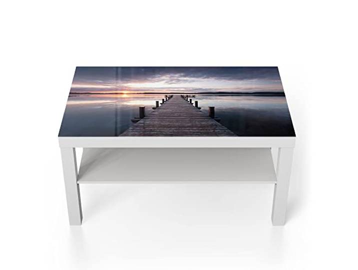 DEQORI Glastisch weiß groß 90x50 cm Motiv Steg bei Sonnenuntergang ausgefallener Beistelltisch aus Glas Hochglanz Couchtisch fürs Wohnzimmer moderner Couch Tisch mit Design