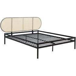 En.Casa, Bett, Metallbett Linköping mit ovalem Kopfteil 160x200 cm Schwarz/Rattanoptik (160 x 200 cm)