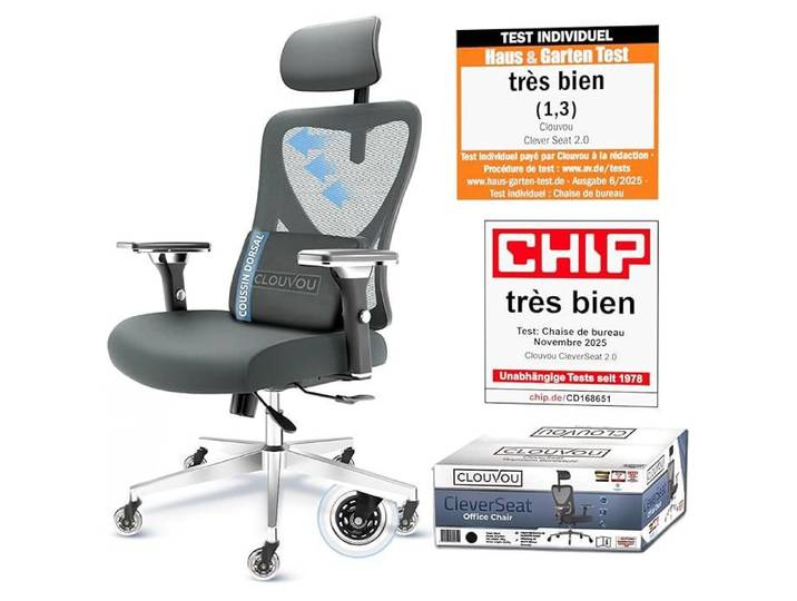 CLOUVOU Chaise de bureau ergonomique - Chaise gaming adultes - coussin orthopédique - dossier inclinable - CleverSeat - Anthracite