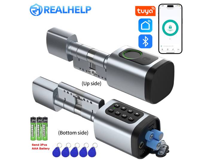 Cylindre de serrure intelligent électronique numérique Tuya, avec mot de passe par empreinte digitale, carte Bluetooth, clé mécanique, batterie de remplacement facile