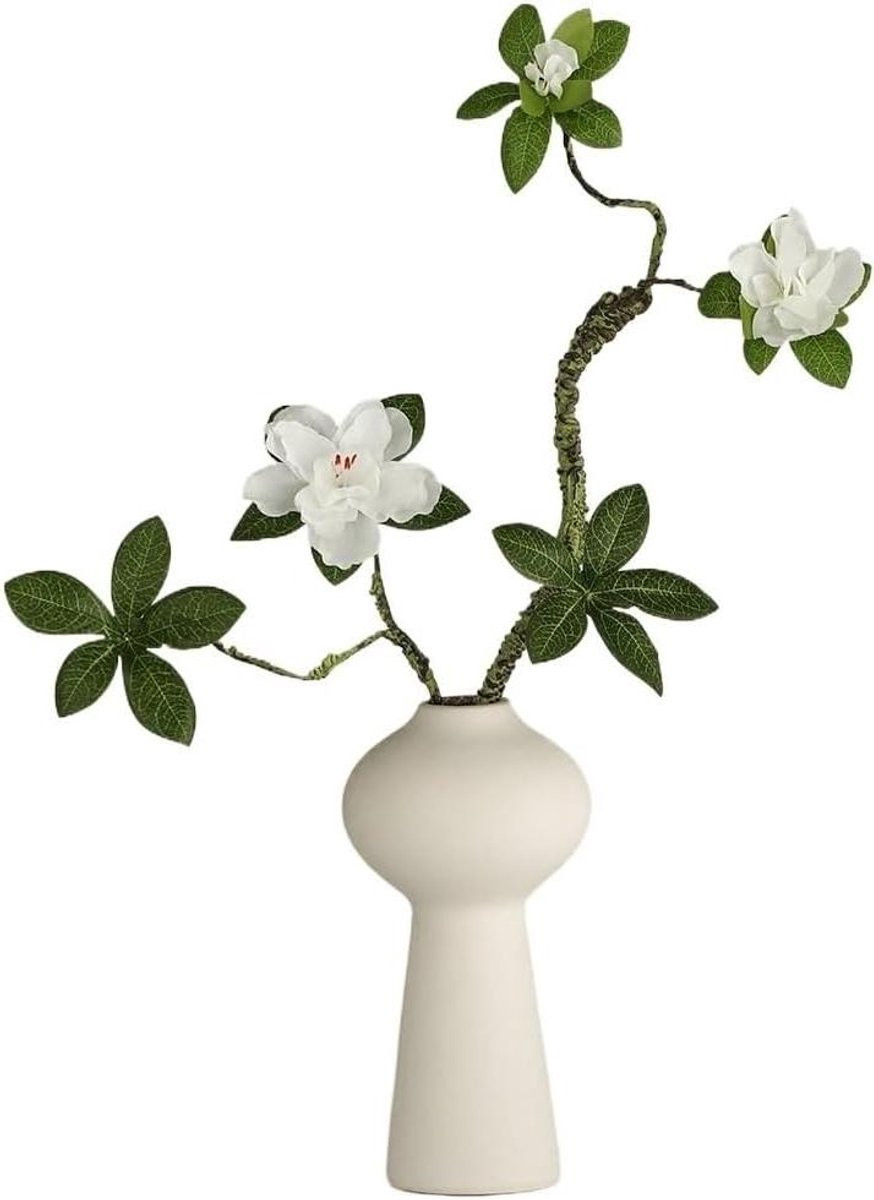 Kunstbloemen Azalea met witte keramieken vaas - Wit