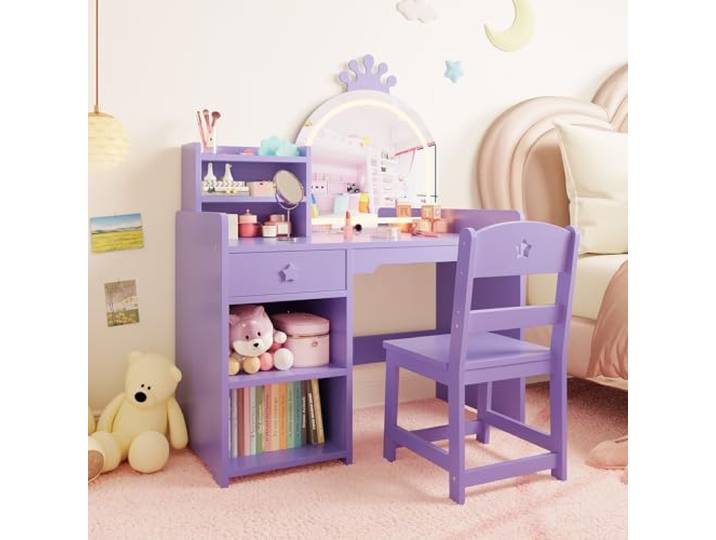 GarveeLife Kinder Schminktisch mit Beleuchtung, Frisiertisch mit LED-Lichtern & Hocker, Kinderschminktisch mit 1 Schubladen, Offenen Fächern, Kosmetiktisch für Mädchen, Lila