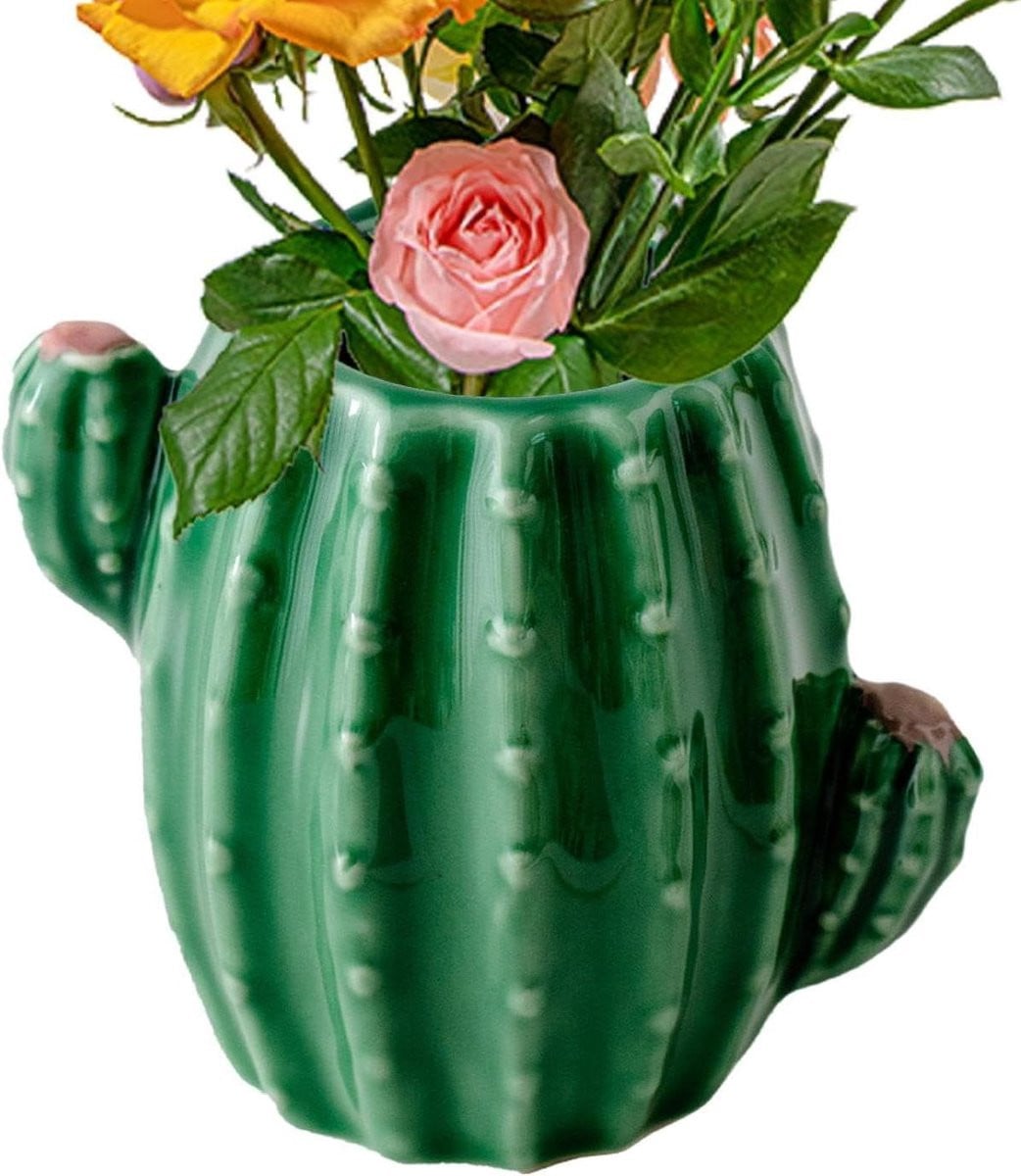 Meerkleurige keramische cactus vaas bloemenhouder met uniek cactus design - 11 x 10 cm