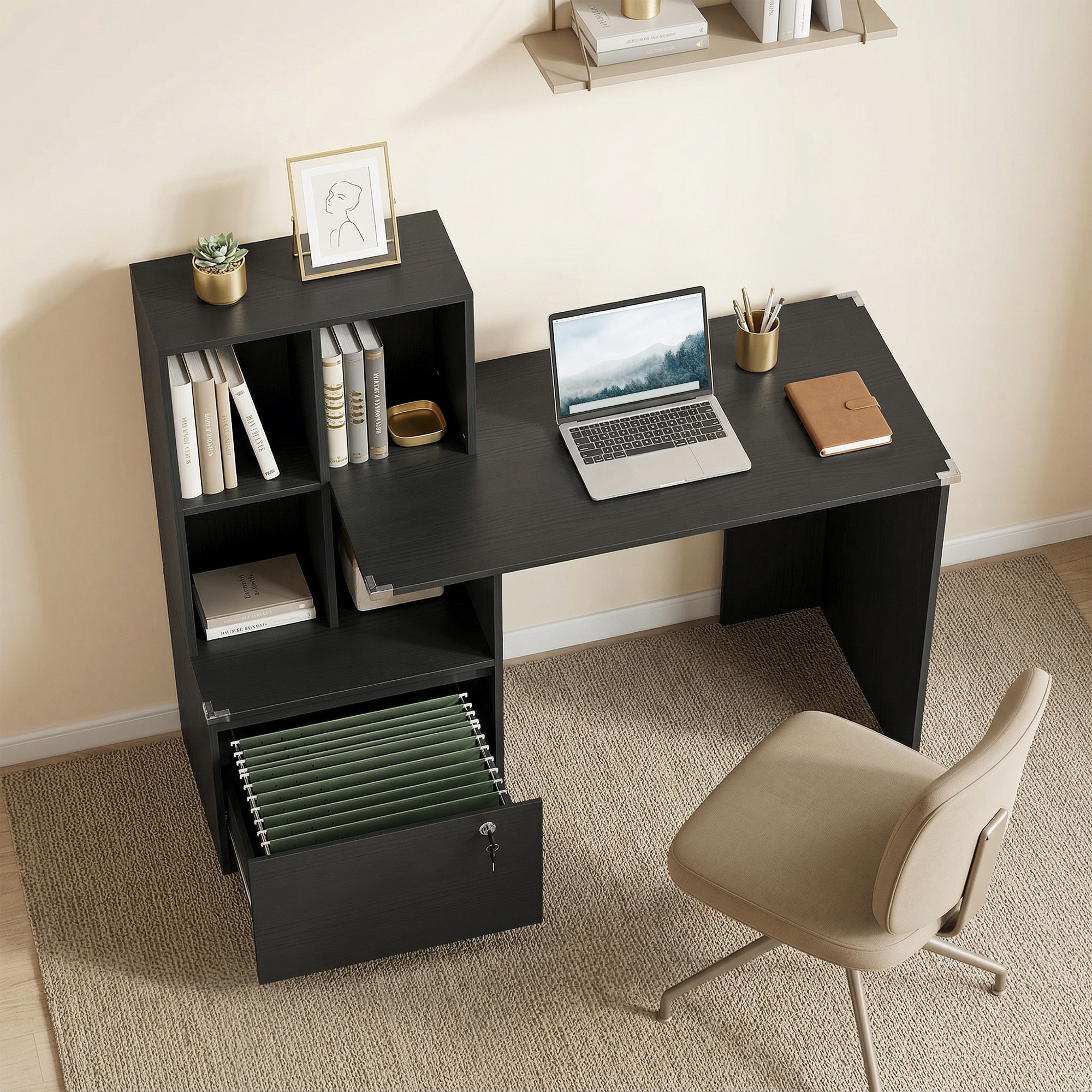 Homcom Scrivania per Computer con Libreria a 4 Scomparti e Cassetto con Serratura, 126x50x109 cm, Nero   Aosom Italy