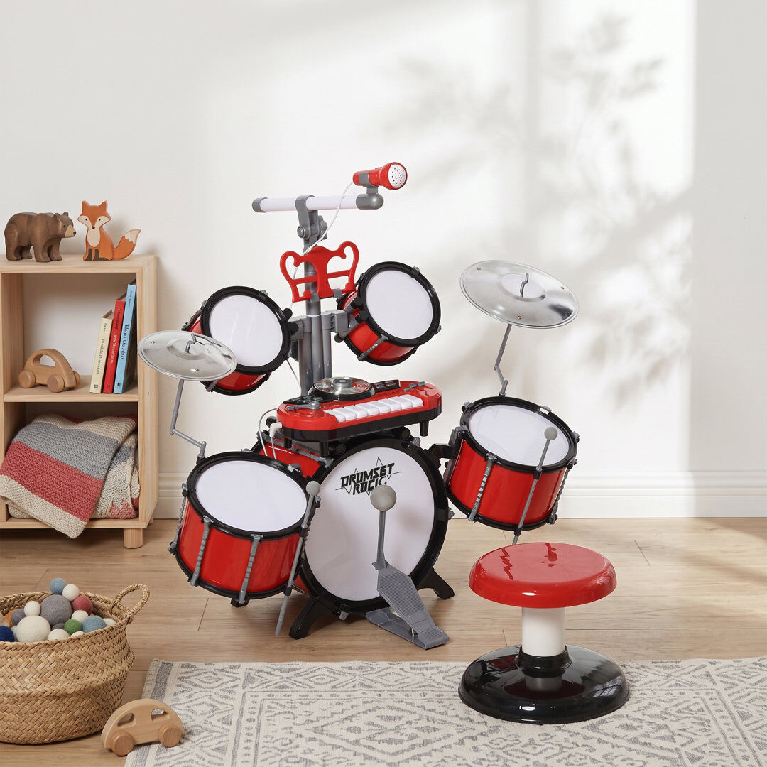 Happy Larry HOMCOM Kids Drum Set for Beginners with Stool, Educational Musical Toy, Red Red 76.5cm H X 77.5cm L X 40cm D