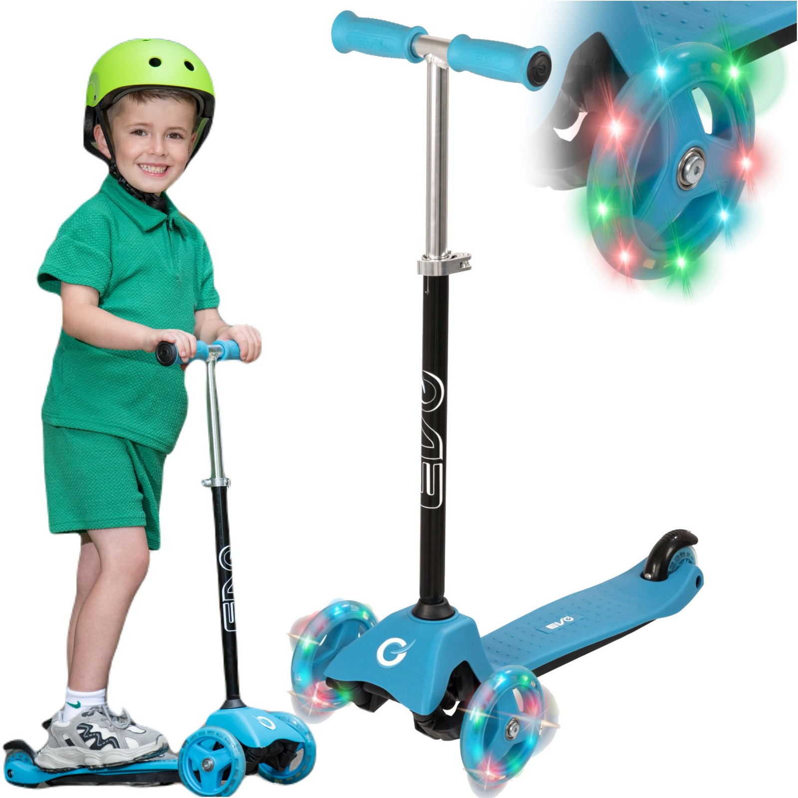 EVO Mini-cruiser Verstelbare driewieler-scooter voor kinderen met lichtgevende wielen, blauw