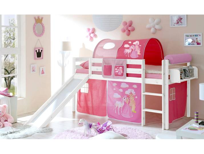 Hochbett TICAA Manuel , rosa (kiefer massiv weiß, prinzessin, pink), B:217cm H:114cm L:205cm, Hochbetten, Hochbett, mit Rollrost in verschied. Ausführungen wahlweise mit Matratze, weiss