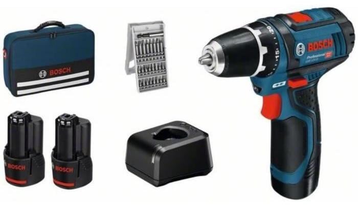 Bosch Professional GSR 12V-15 Accuboormachine met 2 accu's van 2Ah en 25 accessoires