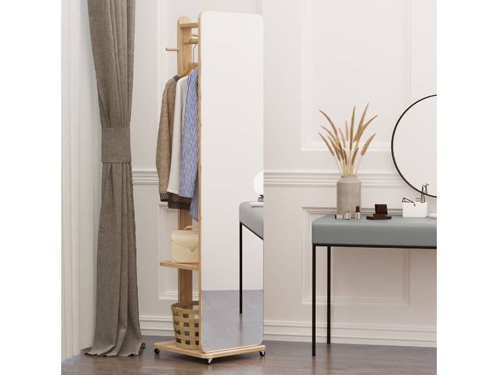 HOMCOM Miroir sur Pied avec Roulettes et Étagère Bois Clair