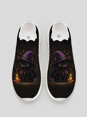 LightInthebox Women's Halloween Slip-On Sneaking Shoes - Orange Flyknit Walking Sneakers with Black Cat Pumpkin Graphic, Scalloped Casual Shoes for Holiday Party Daily Wear