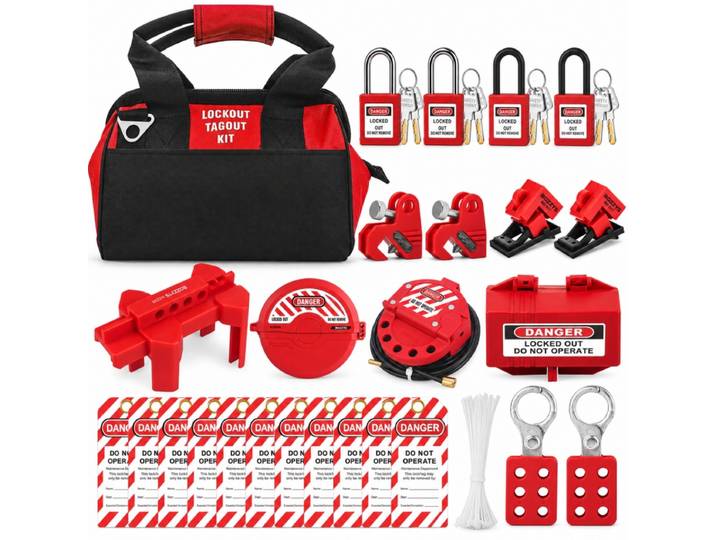 Kit de blocage et d'étiquetage électriques BOZZYS Industry, ensemble de sécurité LOTO comprenant un cadenas, un loquet, un dispositif de blocage de prise et des étiquettes d'étiquetage.