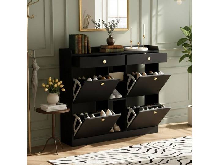 NOVÉLYS - Meuble Chaussure 110x26cm Noir Mat - 4 Portes Abattantes 2 Tiroirs et 3 Niches - Armoire d'Entrée Moderne Gain de Place
