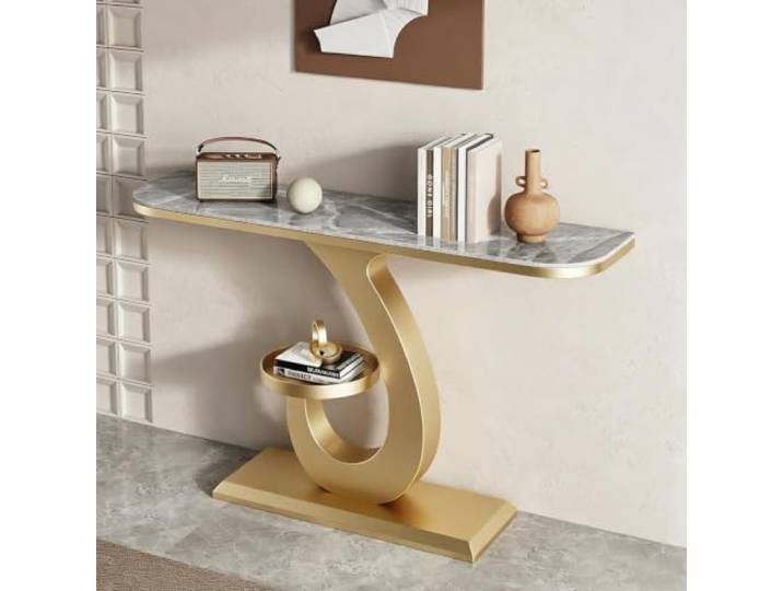 LEUBDIBR Creme‑farbene Sinterstein‑Konsolentisch, Halbmond‑Eingangstisch Sintersteinplatte, Halbmond‑Design, robuster Metallrahmen, moderner Stil(Gold+Gray,80cm/31.5 )
