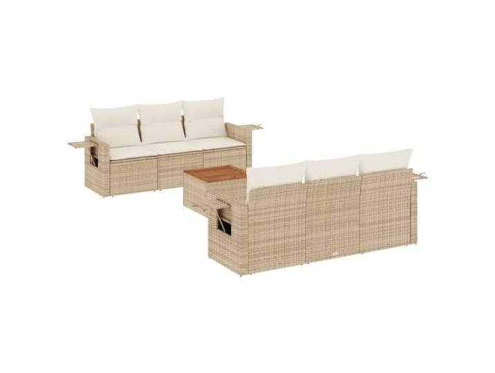 KTHLBRH Gartenmöbel-Set 7-teilig mit Kissen beige aus Polyrattan Sessel mit Stauraum, Beistelltisch aus Akazienholz, klappbare Tische, Kissen in Beige, Verwendung im Hinterhof, Terrasse