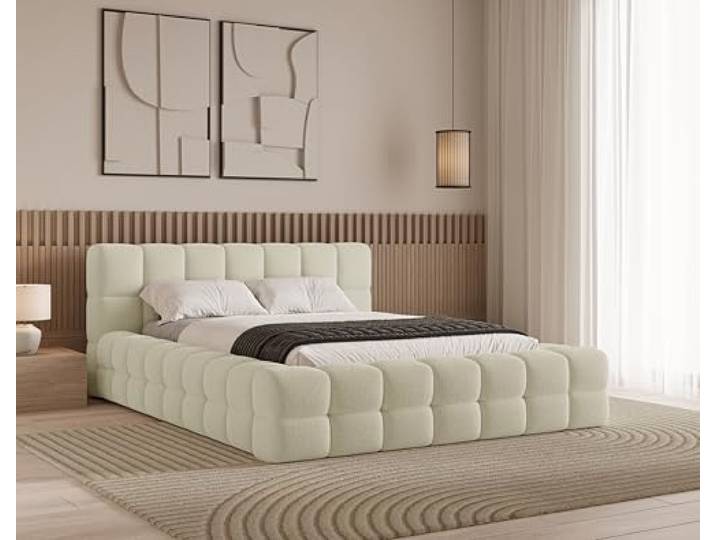 Chilly. Möbel Design Bett Verona - Polsterbett 200x200 mit Bettkasten, Lattenrost und Kopfteil - Eleganter Bouclé-Stoffbezug Beige