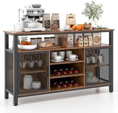 Costway 55-Inch Buffet Sideboard with 8-Bottle Wine Racks and Wine Glass Holders-Rustic Brown