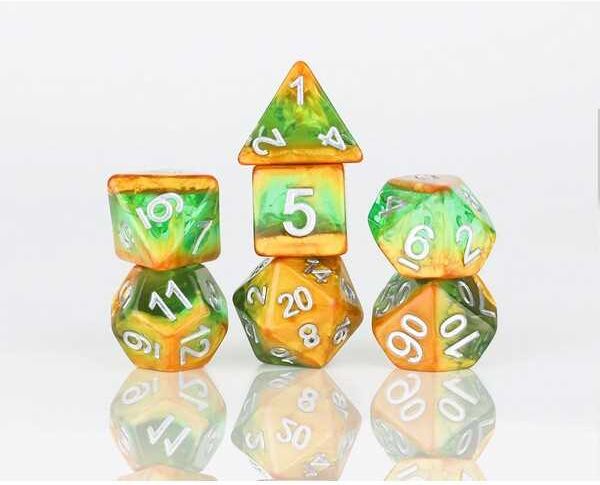 Sirius Dice Rainforest Polyhedral Dice Set for Tabletop Roleplaying Games, 7 Polyhedral Dice, 1 D20, Green, Flat-Bottom Storage Tube