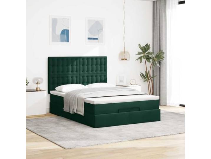 KTHLBRH Boxspringbett 140 x 200 cm mit Federkernmatratze Dunkelgrüner Samt, hydraulischer Aufzug, Lattenrost, inklusive Matratzenbezug