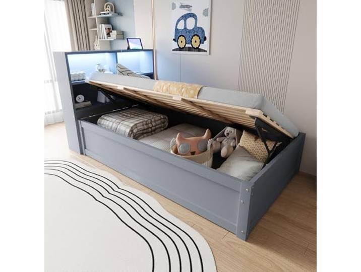 Ball & Cast Einzelbett (90x200cm) mit Hydraulisch Stauraum, Sofabett mit Mehrfachsteckdose und Lichtleiste, Einfach & Zeitsparend Montierbar, Grau