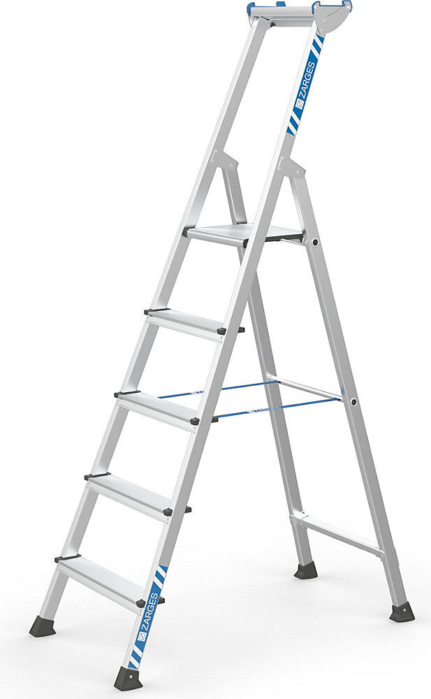 Profi-Stufenleiter, einseitig begehbar, Aluminium eloxiert, mit Werkzeugablage, für Handwerk und Industrie, 5 Stufen inkl. Plattform ZARGES