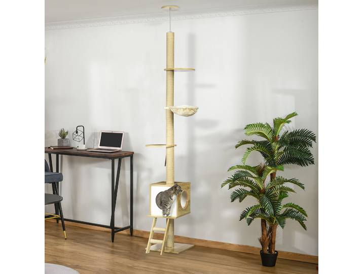 PawHut Grattoir pour chats, de plafond, maison pour chats, deux plateformes, hamac, protection anti-basculement, marron clair + beige, 40 x 40 x 260 cm