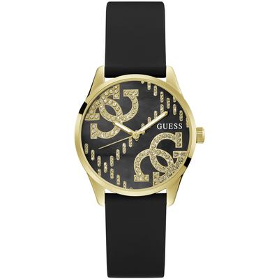 Quarzuhr GUESS "G STITCH", schwarz (schwarz, schwarz), Armbanduhren, Damen, gelbgoldfarben, Quarzuhr, Armbanduhr, Damenuhr, Silikonarmband, Mineralglas, analog