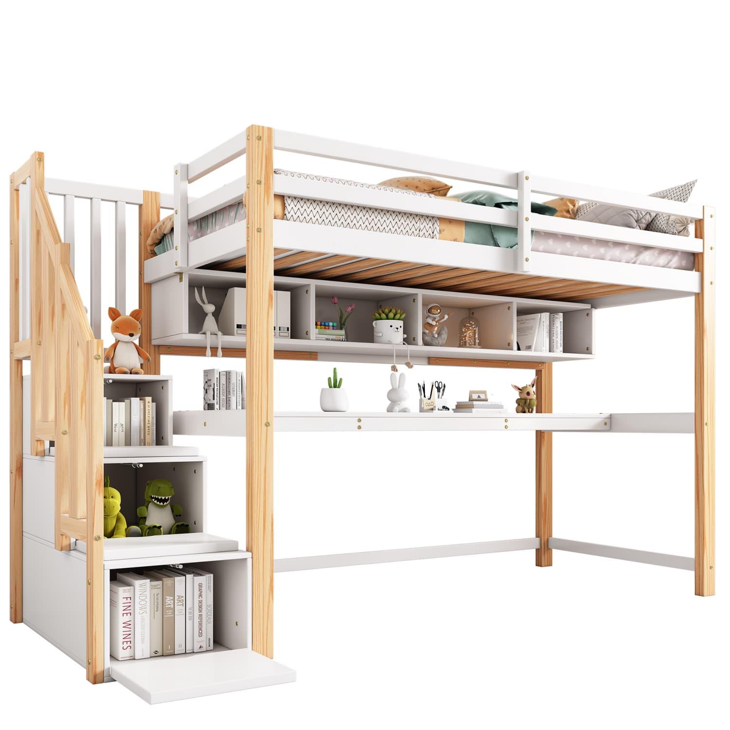 Kinderhochbett,Kinderbett mit großen Schreibtisch und Regalen, Umweltfreundliche Farben,natürlich und weiß