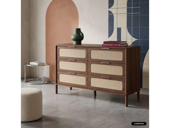Sweeek - Commode Vintage Décor Bois Et Cannage 6 Tiroirs Noyer - Etta