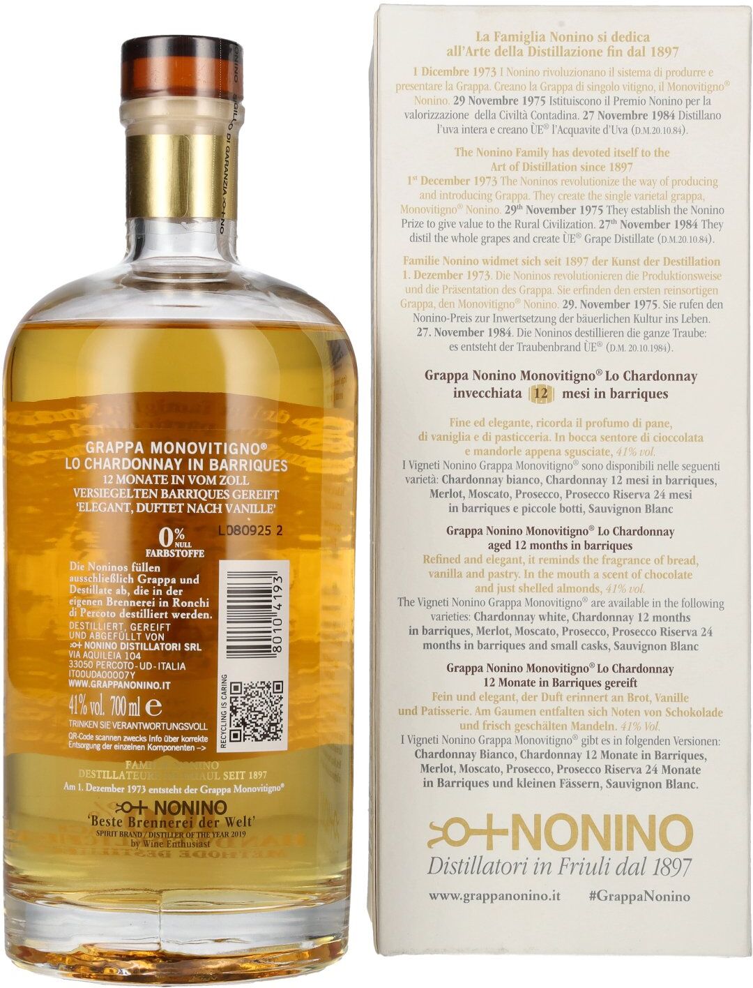 Nonino Grappa Chardonnay in Barriques 41% Vol. 0,7l in Geschenkbox