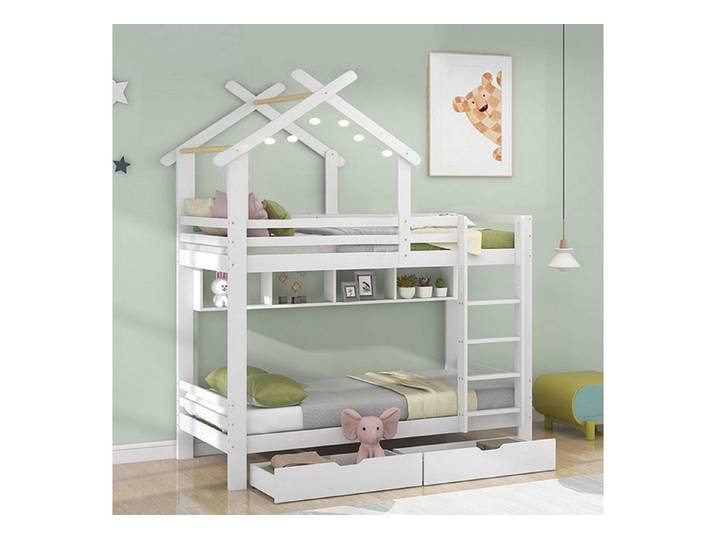 STILVORA Etagenbett mit Schubladen,90x200Hausbett Kinderbett mit Fallschutz und Gitter (Kinderbett mit Fallschutz und Gitter, Rahmen aus Kieferholz 90x200cm), ohne Matratze