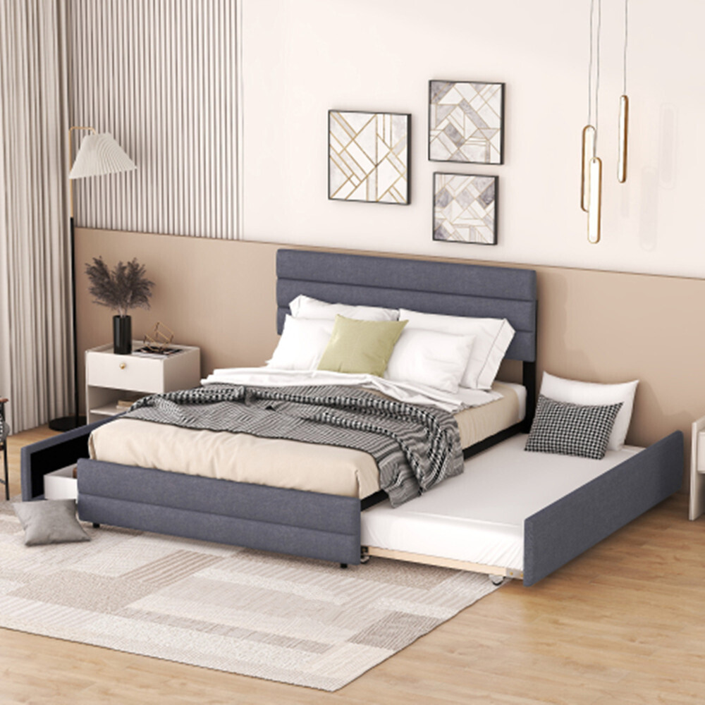 Polsterbett,Plattformbett mit Räummaschine für zwei Personen und zwei Schubladen, Jugendbett Grau 140 x 200