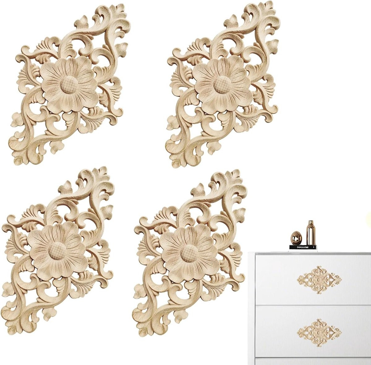 Houten Hoek Ornamenten Set van 4, Decoratieve Applicaties voor Houtbewerking en Meubelversiering