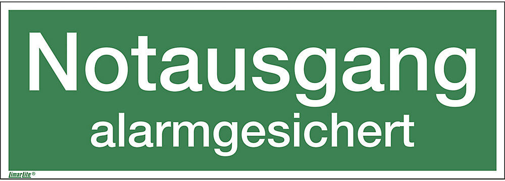 kaiserkraft Kombizusatzschild mit Text für Rettungszeichen, Notausgang alarmgesichert, VE 10 Stk, Folie, langnachleuchtend, LxHxT 297 x 105 x 0,1 mm