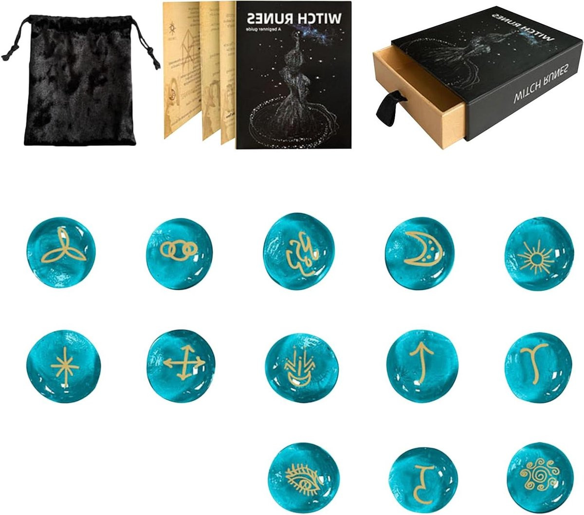 Runen Steen Set met Mystieke Symbolen en Gids - 13 Blauwe Stenen voor Spirituele Begeleiding