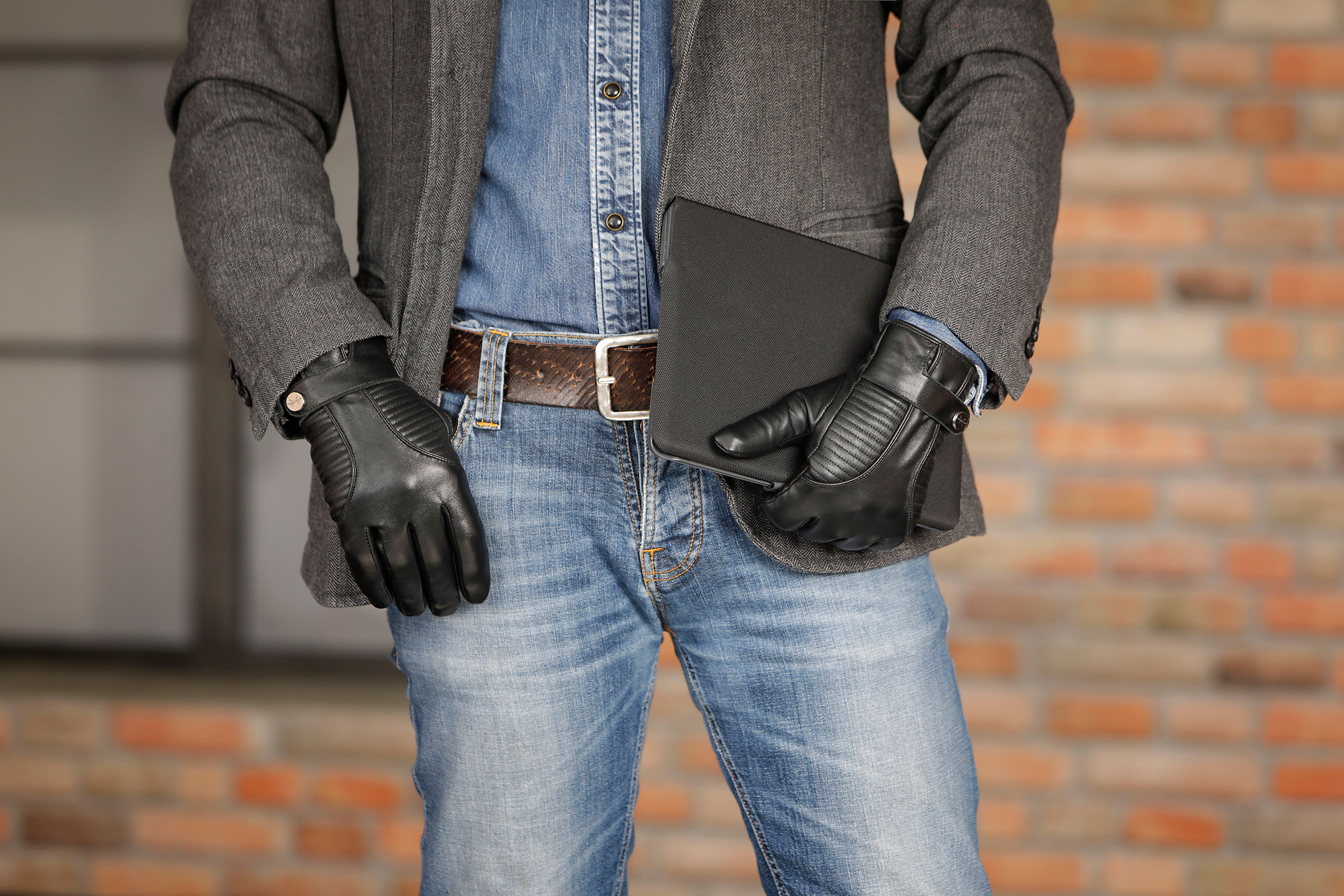 Lederhandschuhe PEARLWOOD "Britt", Herren, Gr. 9.5, schwarz, Schafsleder, gemustert, unifarben mit Farbeinsatz, Handschuhe Lederhandschuhe, Touchscreenfähig- mit 10 Fingern bedienbar, farbiges Innenfutter schwarz 9.5