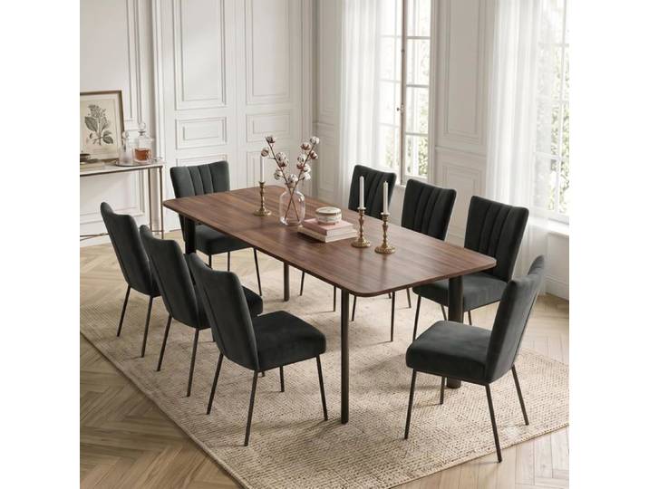 JIEXI Ensemble table de repas extensible noyer avec 8 chaises rembourrées velours noir pour salon et bureau
