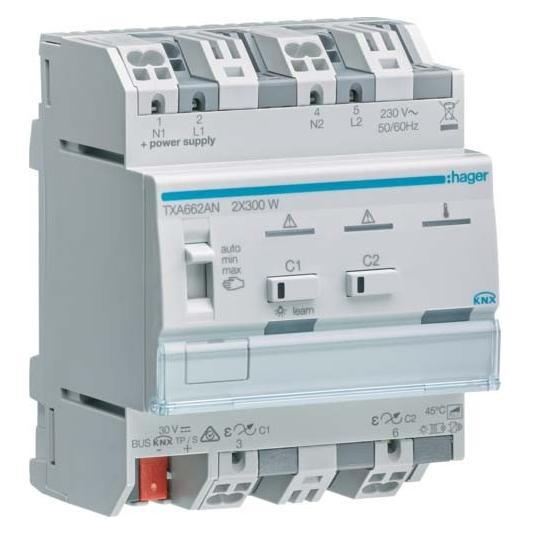 Hager Universal-Dimmaktor 2fach TXA662AN KNX easy 2x300W ESL/LED kombinierbar (Dimmaktor) (TXA662AN)