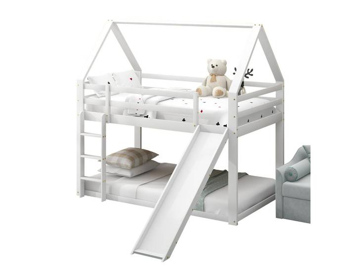 Redom Etagenbett 90/200 cm aus Holz mit Rutsche, Leiter und Hausdach, Weiß, 90x200 cm, Babymöbel & Kindermöbel, Kinderzimmer & Jugendzimmer, Stockbetten