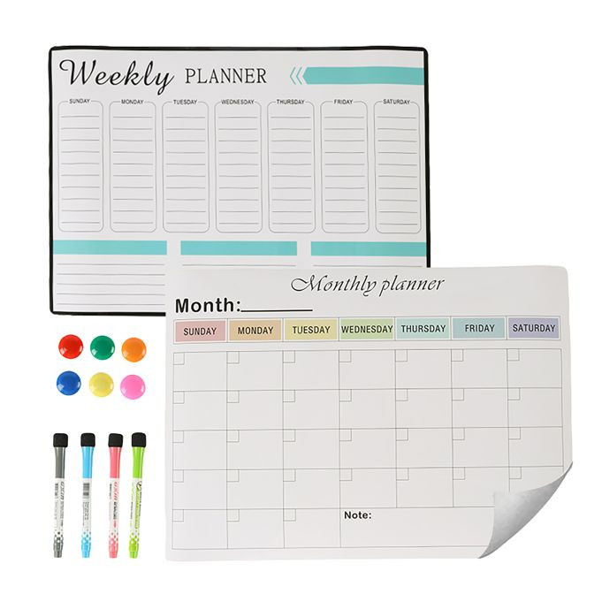 Relaxdays Magnetische Whiteboard Set voor de Koelkast, Wit, met Week- en Maandplanner, 4 Stiften en 6 Magneten