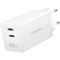 LogiLink Dual-USB-Steckdosenadapter, GaN, 65 W, 2x USB-C PD/QC, Weiß