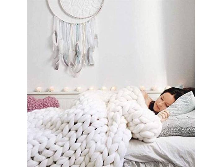 Riyueyi Gestrickte Decke Grob Kuscheldecke Grobe Strickdecke Wolle Garn Super große handgewebte Decke Haustier Bett Stuhl Sofa,Weiß,100x200cm/39x78in